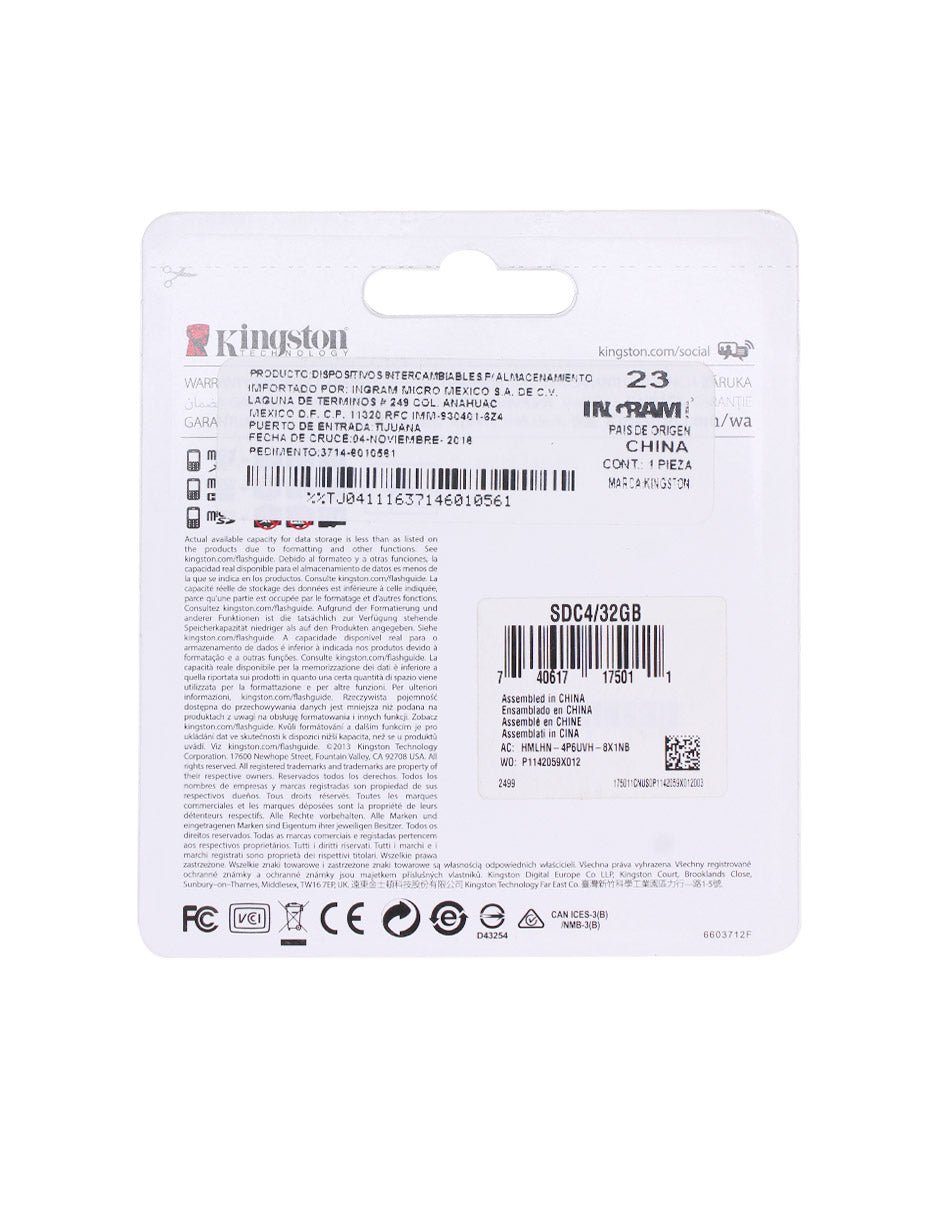 Micro SD HC KINGSTON 32GB CLASS 4 Usado Grado B