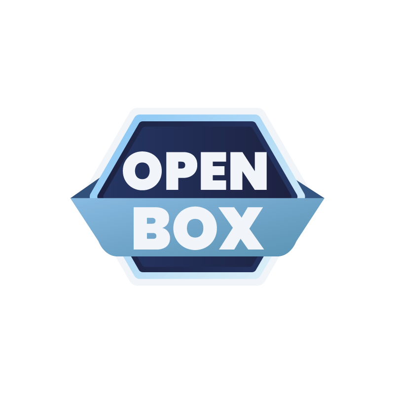 Es un logo o icono con forma hexagonal. El hexágono está dividido en dos partes; la parte superior es de color azul oscuro y la parte inferior es de un tono más claro de azul con un texto blanco que dice OPEN BOX