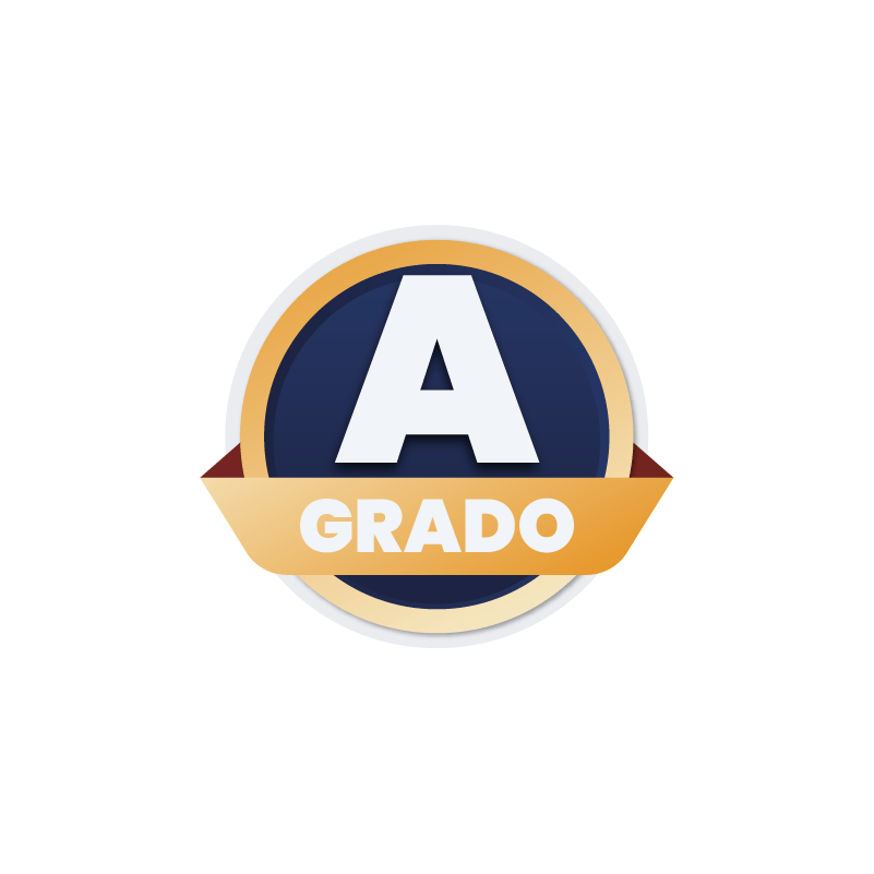 Logotipo con una letra ‘A’ grande en el centro, rodeada por un círculo azul y una cinta amarilla que lleva la palabra ‘GRADO’ escrita en ella