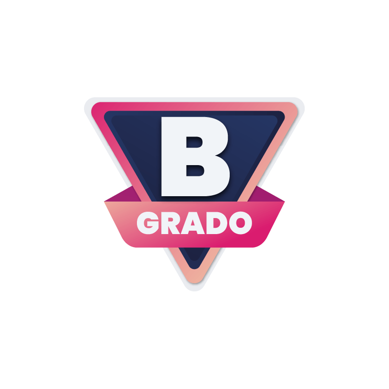 Logotipo con una ‘B’ grande en un triángulo invertido azul oscuro, sobre una cinta rosa que dice GRADO