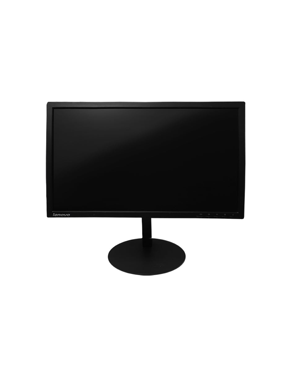 La imagen muestra un monitor de computadora negro visto desde atrás, mostrando su panel trasero y soporte