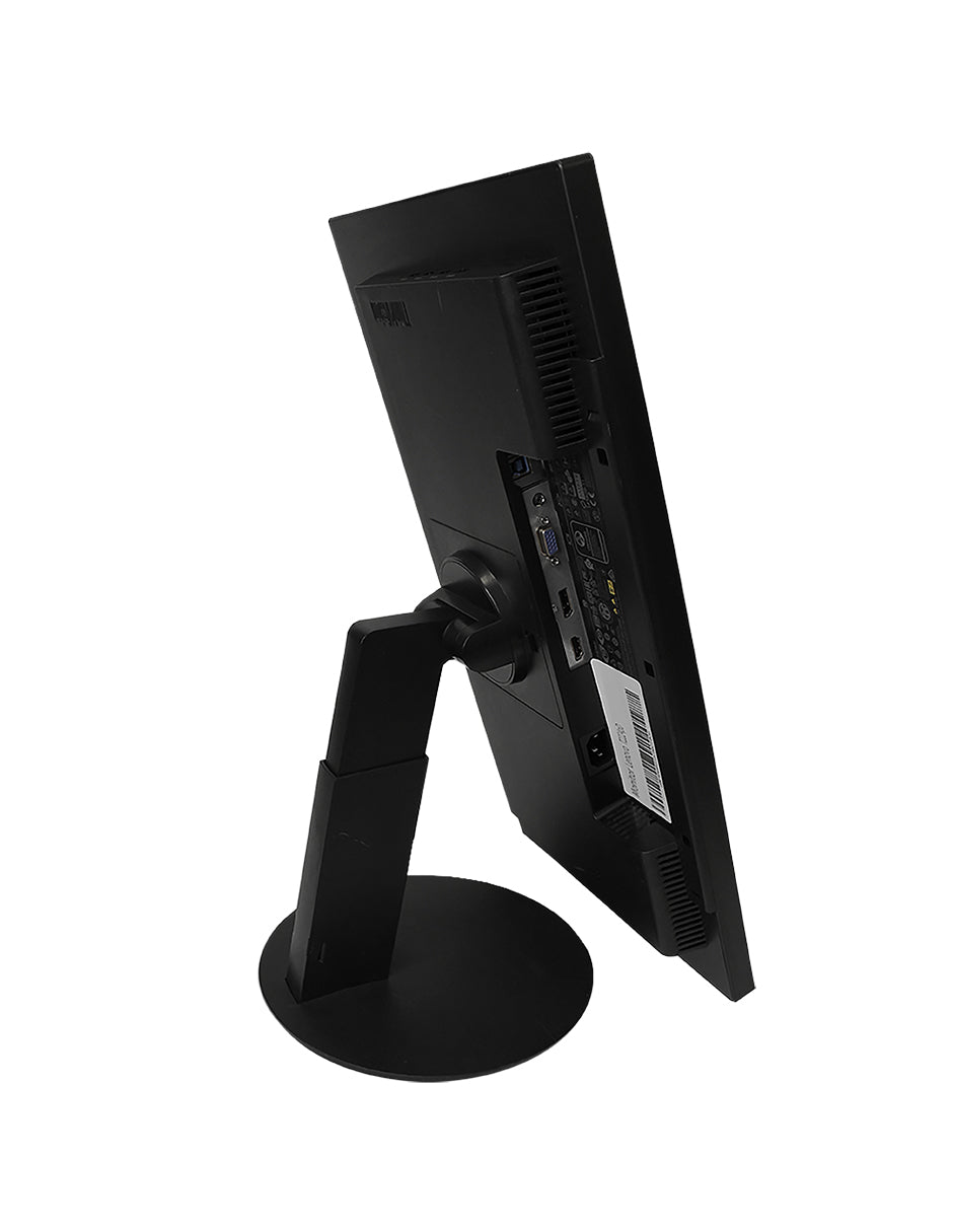 Un monitor Lenovo negro de lado montado en un soporte redondo