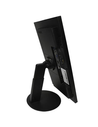 Un monitor Lenovo negro de lado montado en un soporte redondo