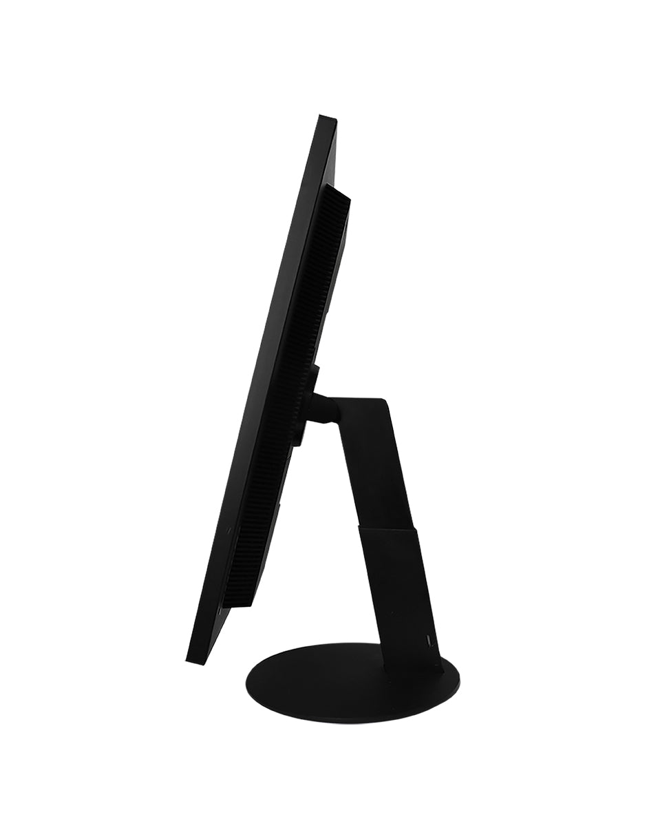 Un monitor Lenovo negro de lado montado en un soporte redondo