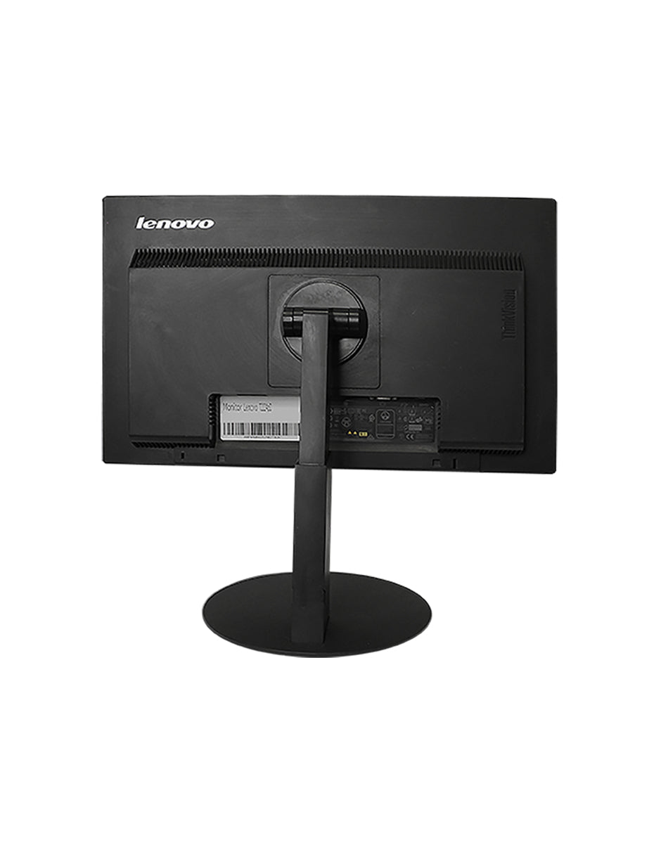 Un monitor Lenovo negro de espaldas montado en un soporte redondo