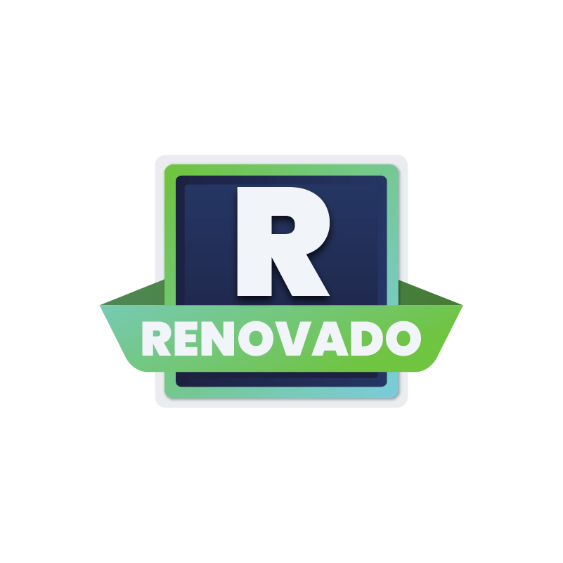 Logotipo con una ‘R’ grande en un cuadro azul oscuro, rodeado por un borde verde y la palabra ‘RENOVADO’ en texto verde sobre un fondo blanco