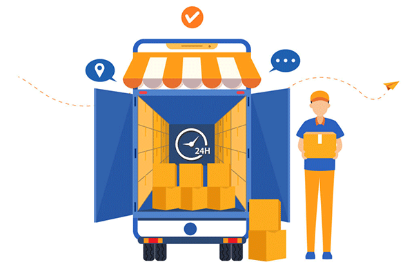 Una ilustración de un camión de entrega azul y amarillo con la parte trasera abierta mostrando paquetes dentro. Un trabajador con uniforme azul está parado al lado del camión sosteniendo una caja